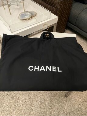 CHANEL Black Garment Cover / White Logo and Gold CC Velvet Hanger